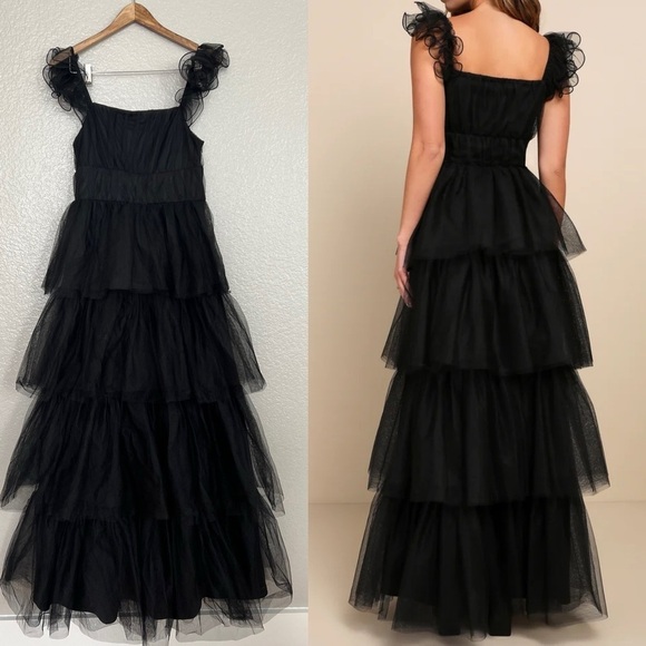 NWOT Tulle For Love Black Mesh Tulle Tiered Ruffled Maxi Dress - Picture 3 of 9